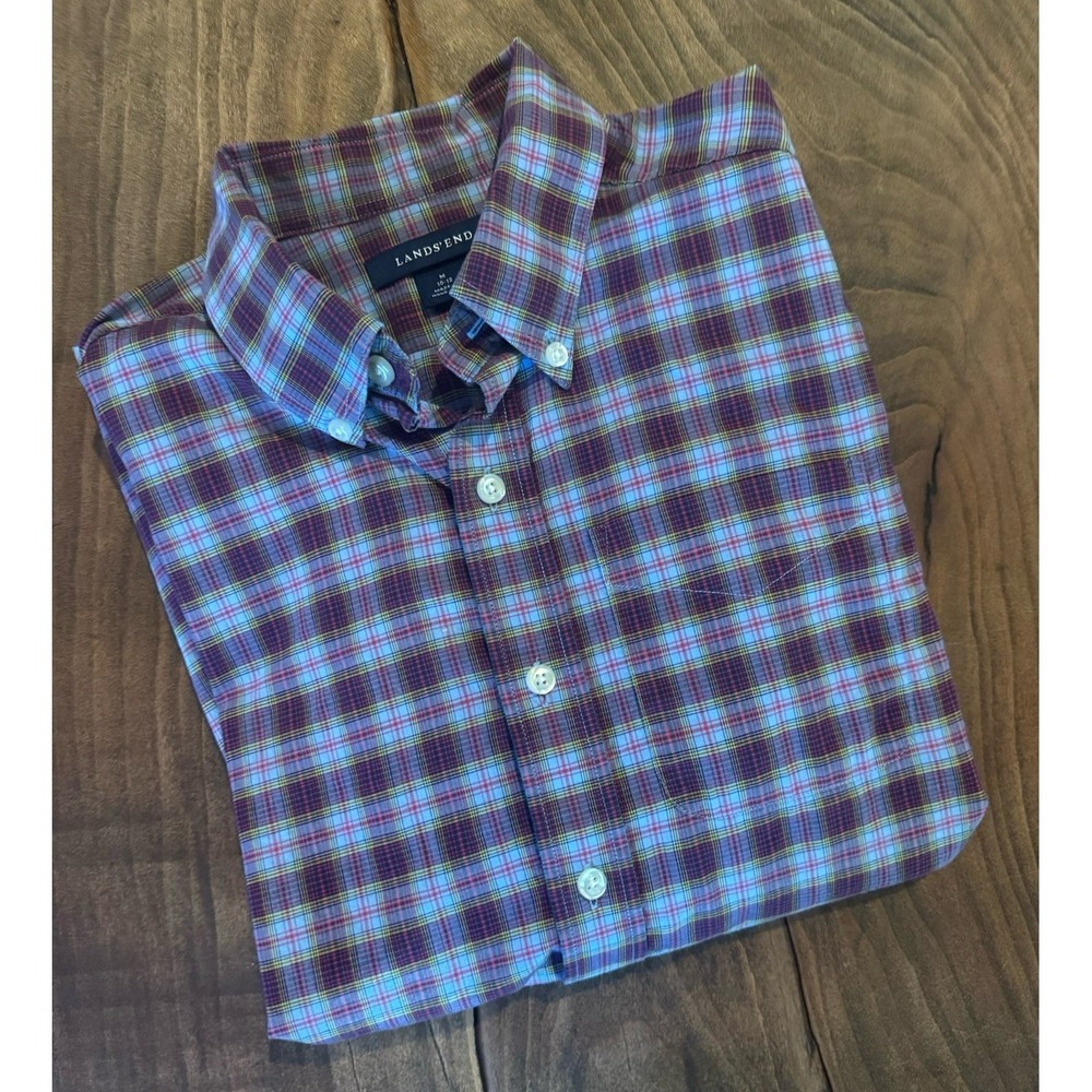 Lands End Boys Purple Green Plaid Long Sleeve Button Down Collared Shirt M 10-12